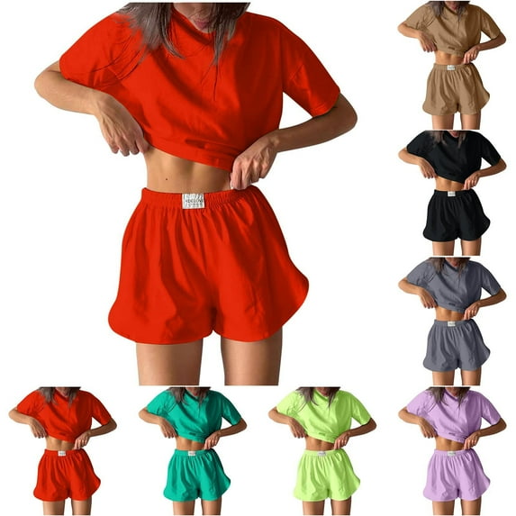 Summer Plus Size Casual Fshion Two Piece Sets For Women Round Neck T-shirt Top Shorts Solid Color Shirt Suit