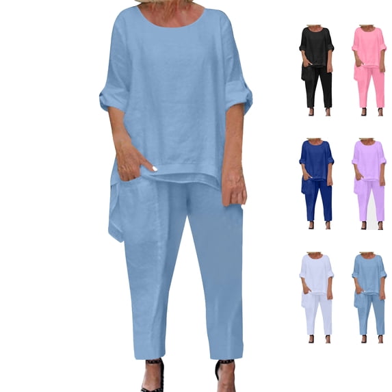 Summer Plus Size Casual Fshion Two Piece Sets For Women Solid Color Round Neck Short Sleeve And Pants Sets With Pockets