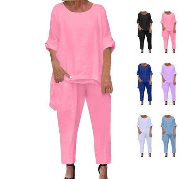 Summer Plus Size Casual Fshion Two Piece Sets For Women Solid Color Round Neck Short Sleeve And Pants Sets With Pockets