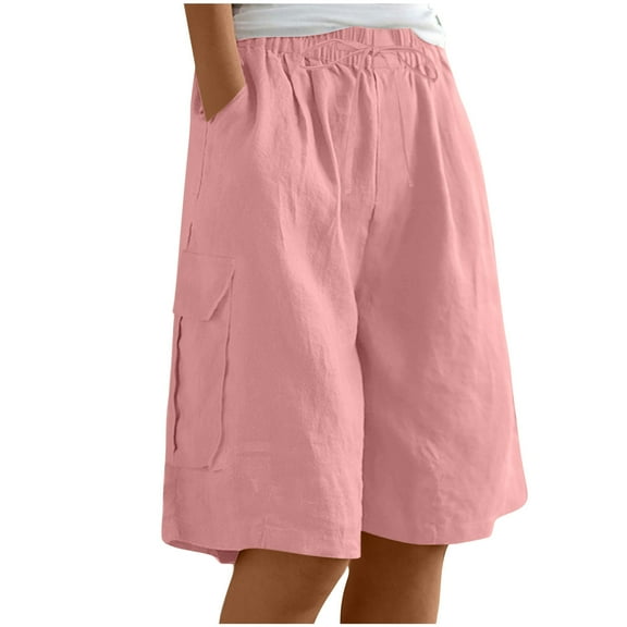 Clearance Under 10$! Suumer Plus Size Shorts for Womens Fshion Cotton Linen Solid Color Loose Straight Leg With Pockets Drawstring