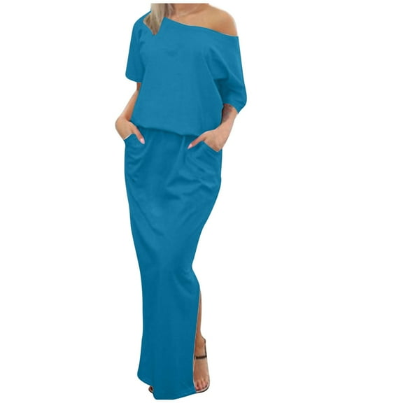 Clearance Under 10$! Suumer Plus Size Skirts for Womens Fshion Solid Color Short Sleeved One Line Collar And Ankle Casual Pocket