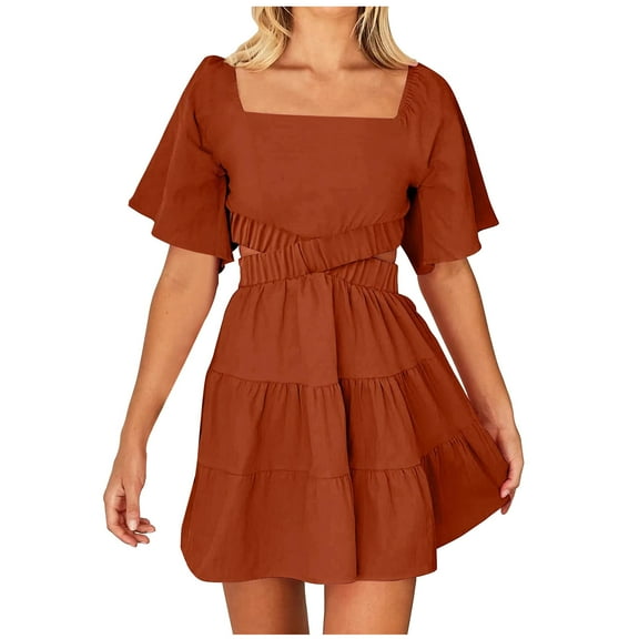 Suumer Plus Size Skirts for Womens Fshion Square-Neck Solid Casaul Short Sleeve Mini