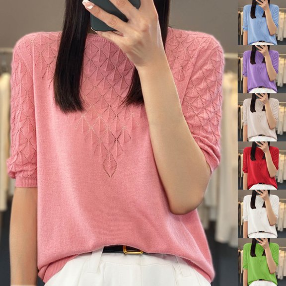 Summer Plus Size Tops for Womens Fshion Casualolid Color Knit Round-Neck Blouses