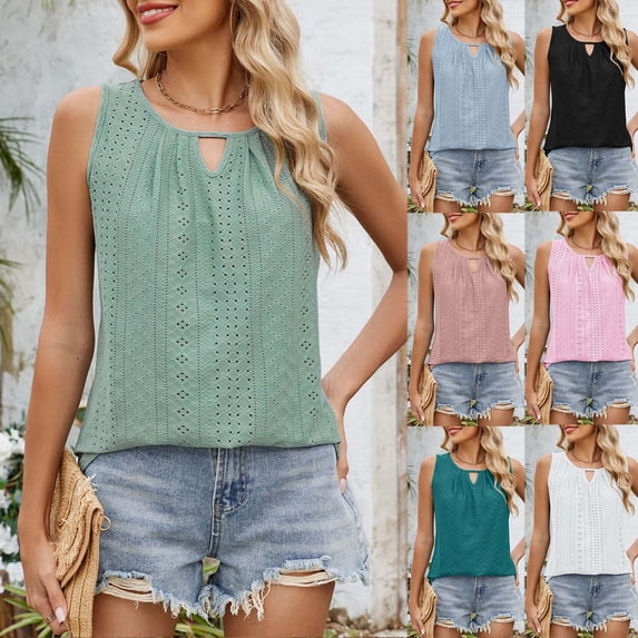 Summer Plus Size Tops for Womens Fshion Loose Round Neck Ruched Sleeveless Casual Basic