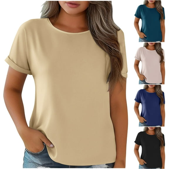 Summer Plus Size Tops for Womens Fshion Round Neckolid Color Lightensing Face Loose