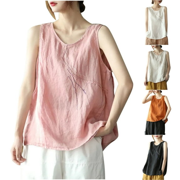 Summer Plus Size Tops for Womens Fshion Solid Color Cotton And Linen Round Neck Loose