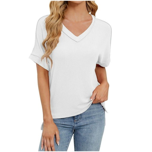 Summer Plus Size Tops for Womens Fshion Solid Color V-neck Knitted Short Sleeved With A Slit At The Hem