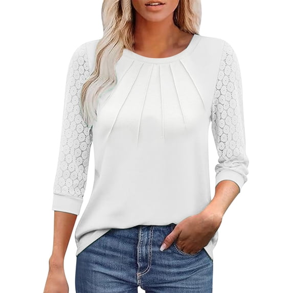 Summer Plus Size Womens 3/4 Sleeve Tops Casual Loose Solid Color Crew-neck Lace