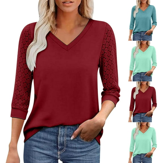 Suumer Plus Size Womens 3/4 Sleeve Tops Fshion Casual Loose Solid Color V-neck Lace