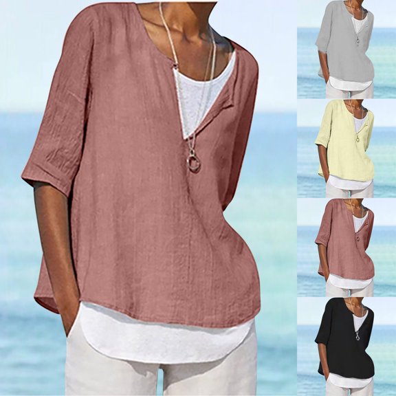 Suumer Plus Size Womens 3/4 Sleeve Tops Fshion V-Neck Casual Blouse