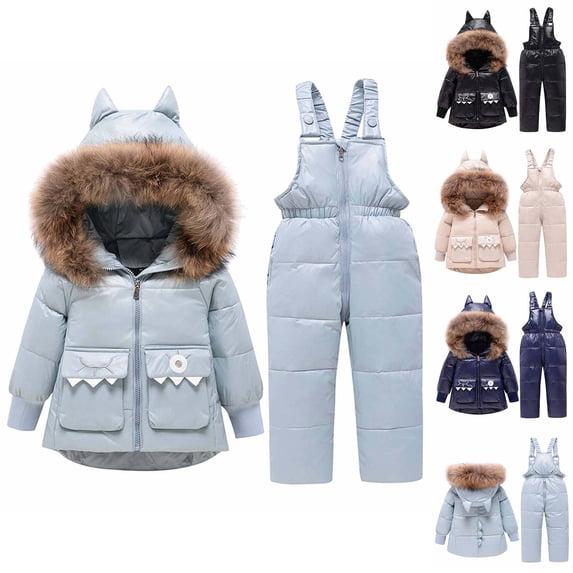 Winter Toddler Boys and Girls Warm Jackets Thickened Down Jacket Strap Pants Two-piece Suit