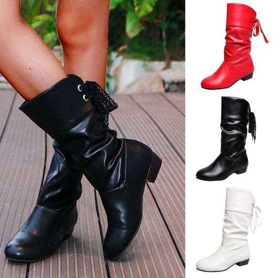 Clearance Under 10$!Winter Warm Snow Boots for Women Plus Size Knight Boots Low Heel Round Head Back Lace Up Warm Mid Sleeve Snow Boots