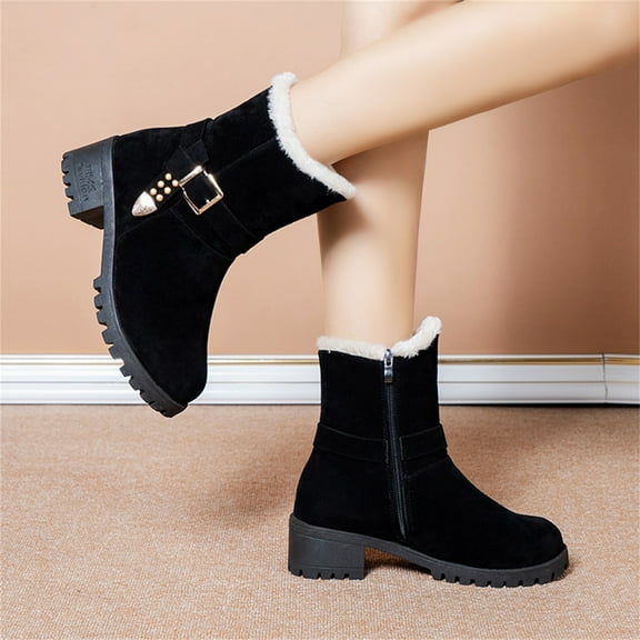 Winter Warm Snow Boots for Women Plus Size Suede Belt Buckle Embellished Round Toe Thick High-heeled Fleece Snow