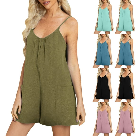 Clearance Under 10$! Women's Summer Casual Breathable Comfort Sports Solid Color Suspender Romper Jumpsuit Romper Shorts with Pockets 2025 Clothes