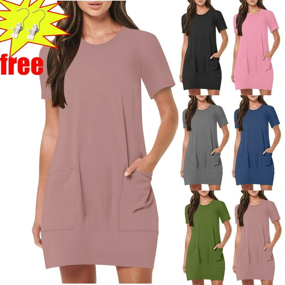 Clearance Under 10!Women's Summer Casual Short Sleeve Dressy Dresses Empire Waist Knee Length Dress with Pockets,Khaki ,Size M