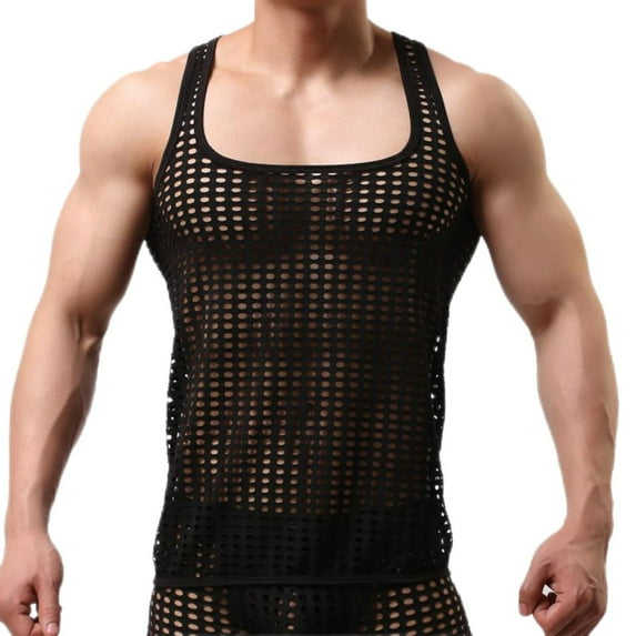 Clearance! Under $10 qolati Men's Tank Tops Sleeveless Mesh Vest See Throughs Shirts Muscle Fitted Fishnet Hollow Out Vest Undershirt