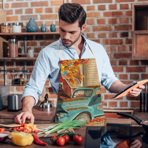 Clearance Under $2.89 Linen Thanksgiving Apron Sunflower Pumpkin Print Kitchen Cooking Baking Apron