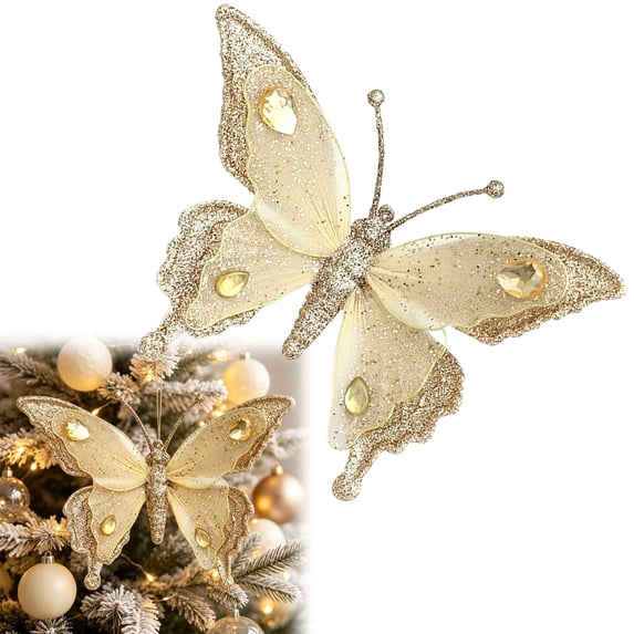 Clearance Under $2 Christmas Butterfly Ornament, 3D Glitter Gem Hanging Decor, 1PC, 16.5x12.5cm, Tree Wreath Window, Gold (A)