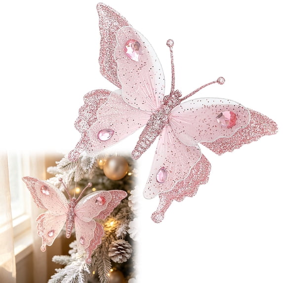 Clearance Under $2 Glitter Butterfly Ornament, 3D Christmas Hanging Decor, 1PC, 16.5x12.5cm, Wreath Window, Pink (B)