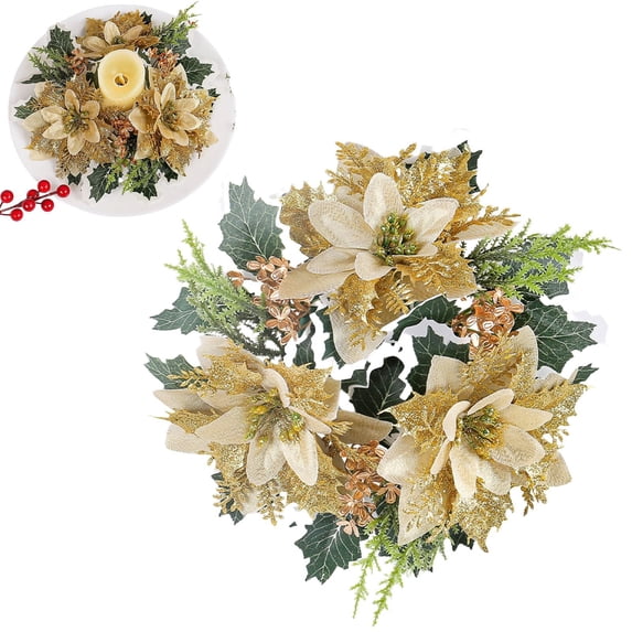 Clearance Under $2 Gold Christmas Candle Holder Ring with Holly Leaves – Festive Tabletop Wreath for Candles and Holiday Centerpieces