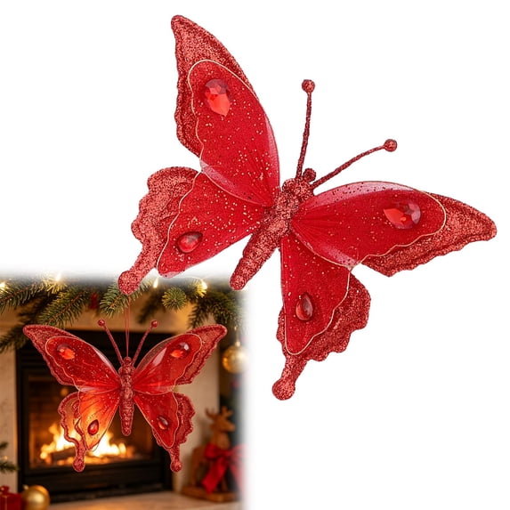 Clearance Under $2 Red Butterfly Ornament, 3D Glitter Gem Hanging Decor, 1PC, 16.5x12.5cm, Tree Wreath, Red (D)