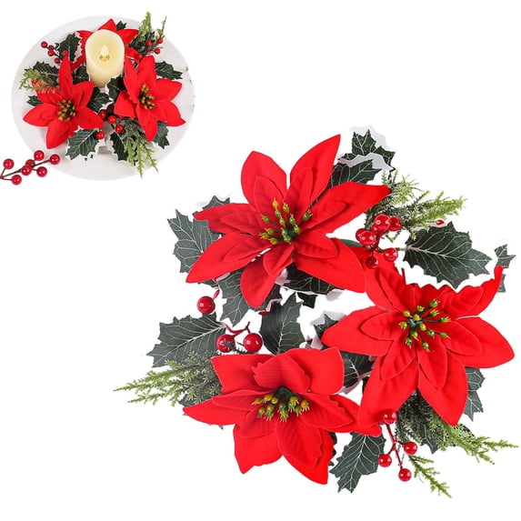 Clearance Under $2 Red Christmas Candle Holder Ring with Holly Leaves – Festive Wreath for Candles and Holiday Centerpieces