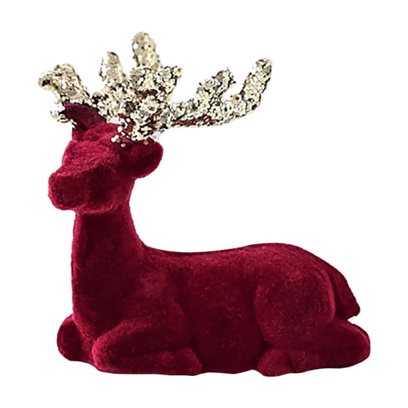 Clearance Under $2 Wine Red Flocking Deer Christmas Decoration - Lying Reindeer, Plush Reindeer Statue for Tree and Home Decor, Single