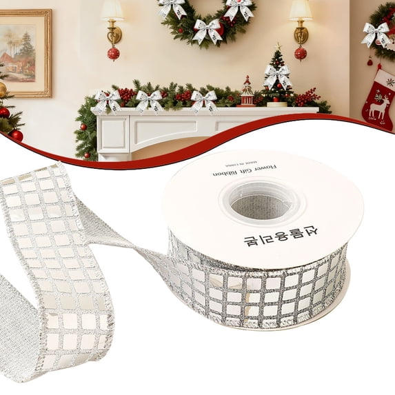 Clearance Under $2 Wired Ribbon with Shiny Grid Front and Satin Backing for Christmas Crafts - 10 Yards