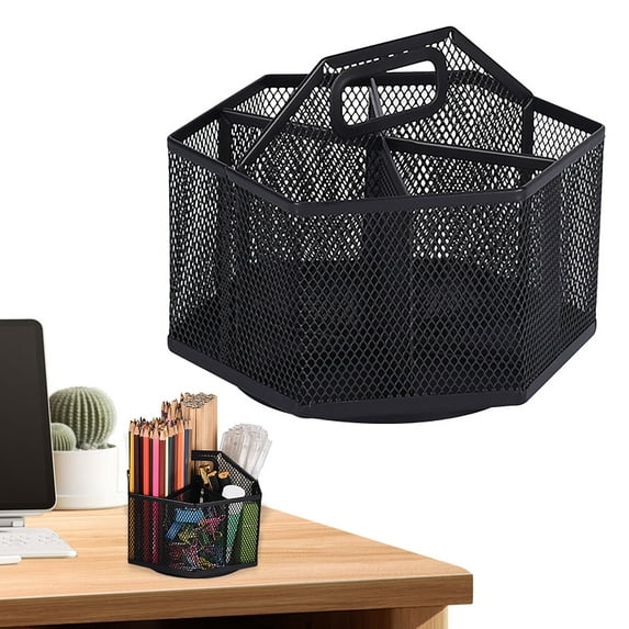 Clearance! Under $20 Mesh Desk Organizer Rotate With 5 Compartments Tidy Candy/Pen Holder Art Supply Storage Classroom Home (Black)