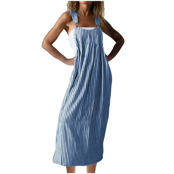 qolati Women Bib Overall Dress Jumpsuits Babydolls Midi Dress Stripe Printed Sleeveless Straps Suspender Casual Dresses