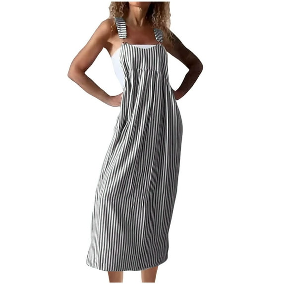 qolati Women Bib Overall Dress Jumpsuits Babydolls Midi Dress Stripe Printed Sleeveless Straps Suspender Casual Dresses