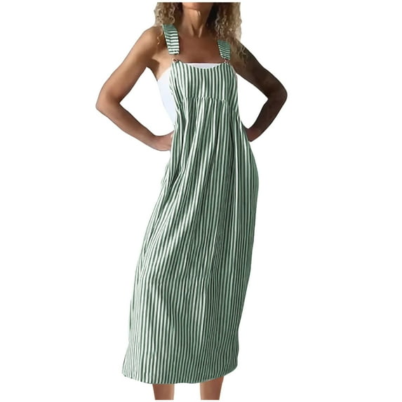 qolati Women Bib Overall Dress Jumpsuits Babydolls Midi Dress Stripe Printed Sleeveless Straps Suspender Casual Dresses
