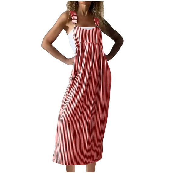 qolati Women Bib Overall Dress Jumpsuits Babydolls Midi Dress Stripe Printed Sleeveless Straps Suspender Casual Dresses
