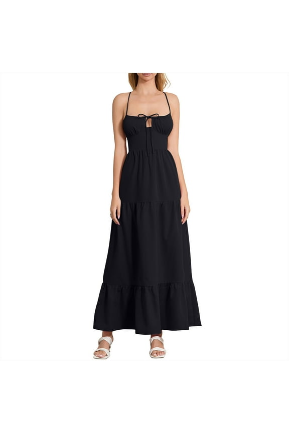 Women Bustier Corset Dress 2024 Boho Flowy Slit Lace Up Spaghetti Strap Maxi Long Dresses Going Out A Line Casual Sundress