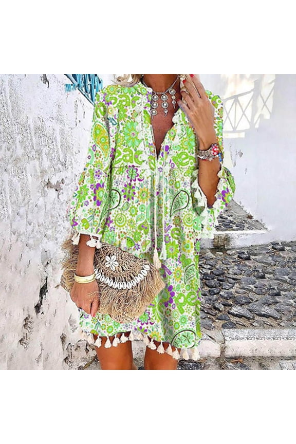 Women's Summer Boho Mini Dress Ethnic Floral Print Puffy Sleeve A-Line Dress Casual Loose V Neck Tassel Hem Beach Sundress