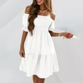 thumbnail image 1 of Womens Dresses Elegant Classys Short Puff Sleeve Midi Dress One Shoulder Square Neck Empires Waist Tiered Swing A Line Party Cocktail Dress, 1 of 6