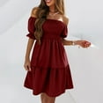 thumbnail image 1 of Womens Dresses Elegant Classys Short Puff Sleeve Midi Dress One Shoulder Square Neck Empires Waist Tiered Swing A Line Party Cocktail Dress, 1 of 6