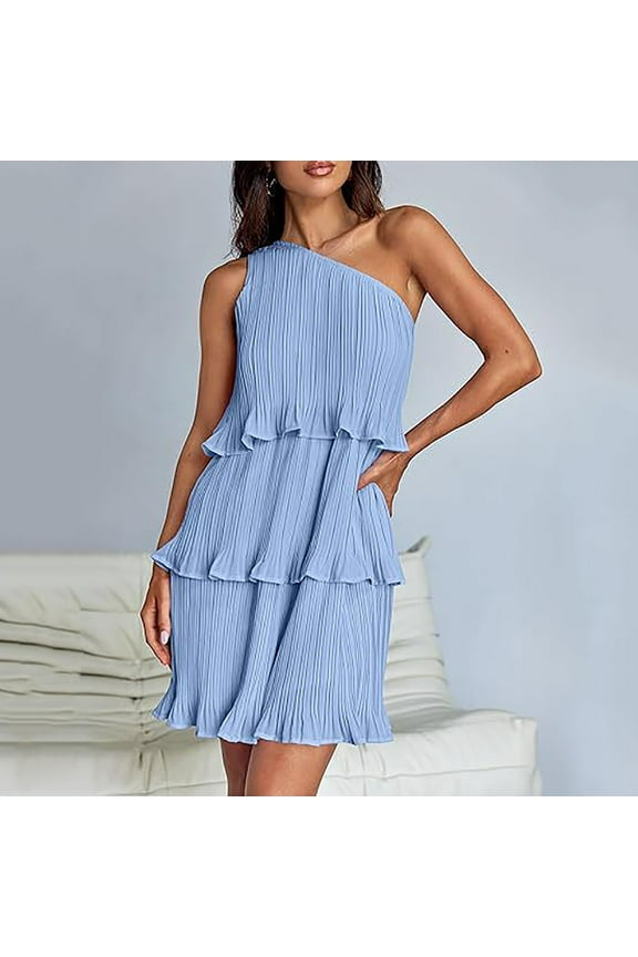 Womens Dresses 2024 Summer Sleeveless Mini Dress Boho One Shoulder Ruffle Tiered Layered Chiffon Flowy A Line Dresses