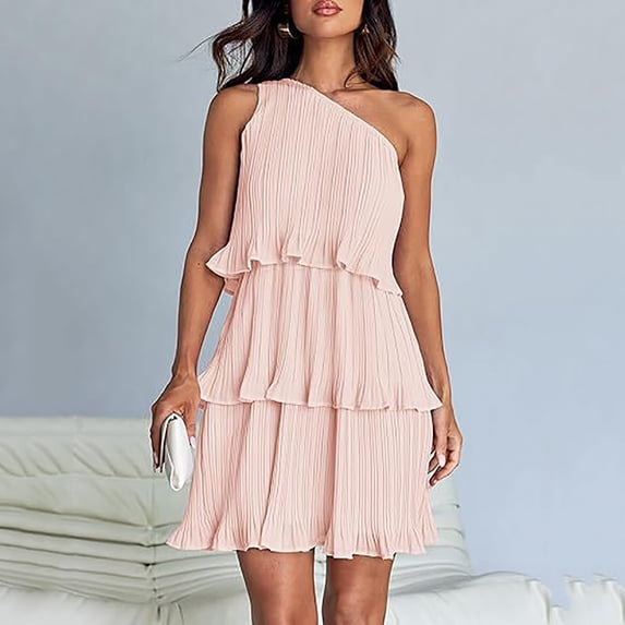 qolati Womens Dresses 2024 Summer Sleeveless Mini Dress Boho One Shoulder Ruffle Tiered Layered Chiffon Flowy A Line Dresses