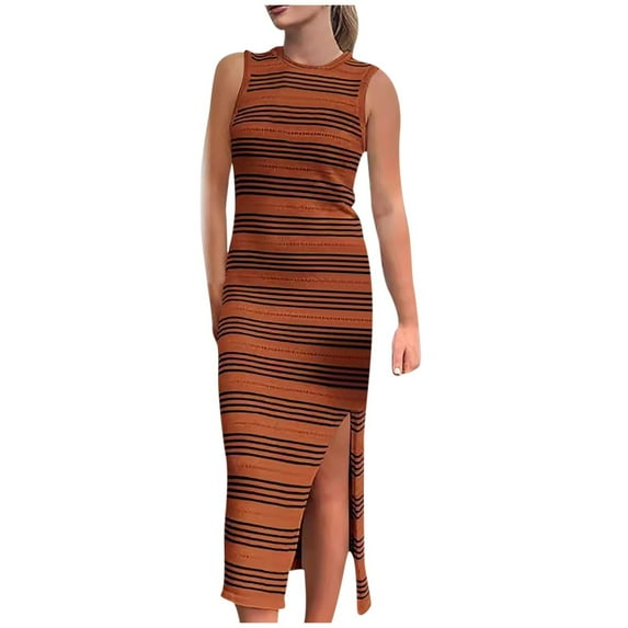 qolati Womens Dresses 2024 Summer Sleeveless Striped Knit Bodycon Midi Dress Square Neck Side Slit Tank Ribbed Sweater Dresses