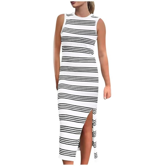 qolati Womens Dresses 2024 Summer Sleeveless Striped Knit Bodycon Midi Dress Square Neck Side Slit Tank Ribbed Sweater Dresses