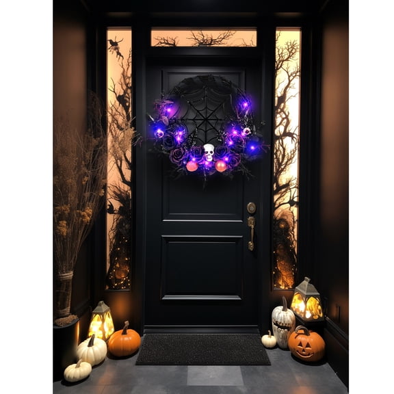 Clearance Under $29.96! Skeleton Purple Rose Halloween Wreath, Glowing LED Wreath for Front Door Party Props