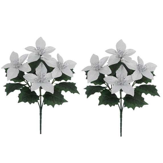 Clearance Under $3 2 Pack Velvet Silver Poinsettia Christmas Flower Bush 5-Head Artificial Stem for Wreath Tree Decor