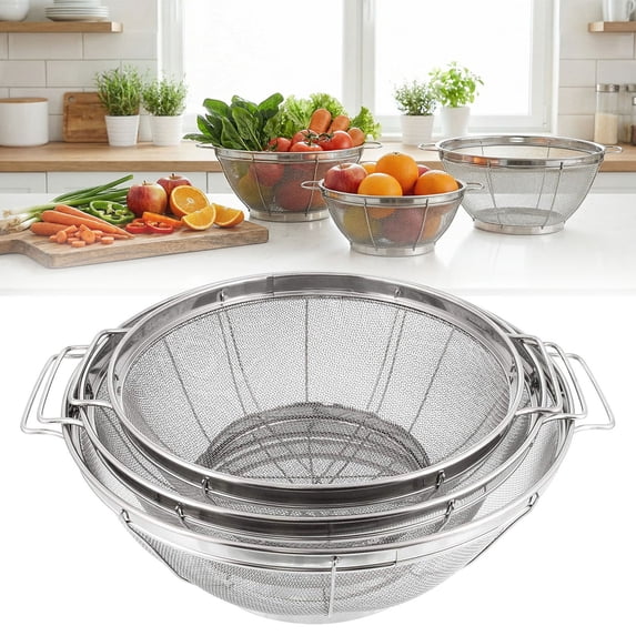 Clearance Under $3.69 3-Piece Stainless Steel Colander Set with Handles and Mesh Strainers for Pasta Vegetables and Draining