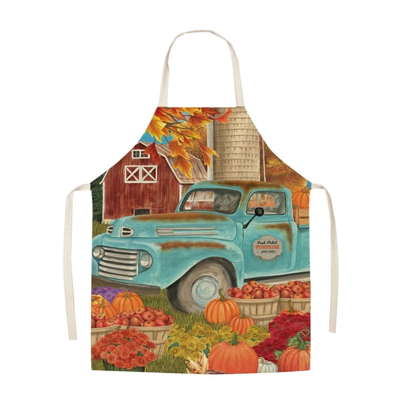 Clearance Under $4.09! 1PC Linen Thanksgiving Apron, Sunflower & Pumpkin Kitchen Apron with Oil-Repellent Fabric for Cooking, (One Size, D)