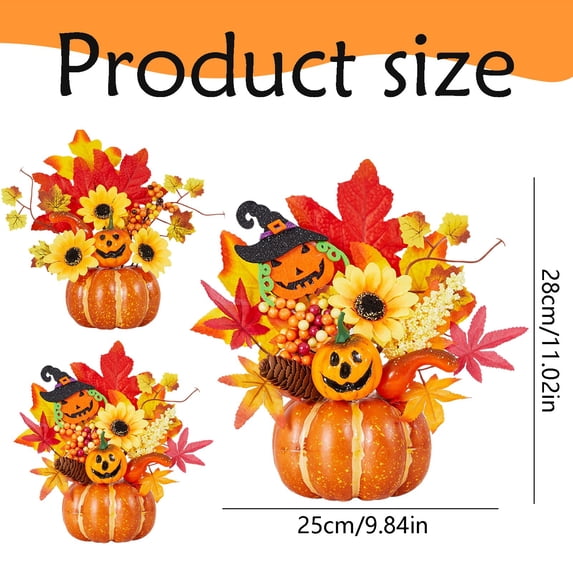Clearance Under $4.26! 1PC Fall Potted Pumpkin Decor, Artificial Centerpiece with Sunflower & Maple for Home & Office, Plastic, (One Size, B)