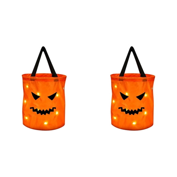 Clearance Under $5.1! 2 Pack LED Light Up Halloween Candy Bucket Bag with Handle (Grin)