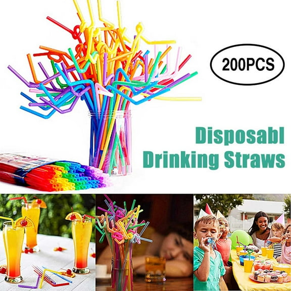 Clearance Under $5 Boovnll 200Pcs Plastic Straws, 10" High Flexible Colorful Bendy Food Grade Straws Disposable for Home, Party, Restaurant, Milk, Cocktail, Drinks, Coffee, Straws