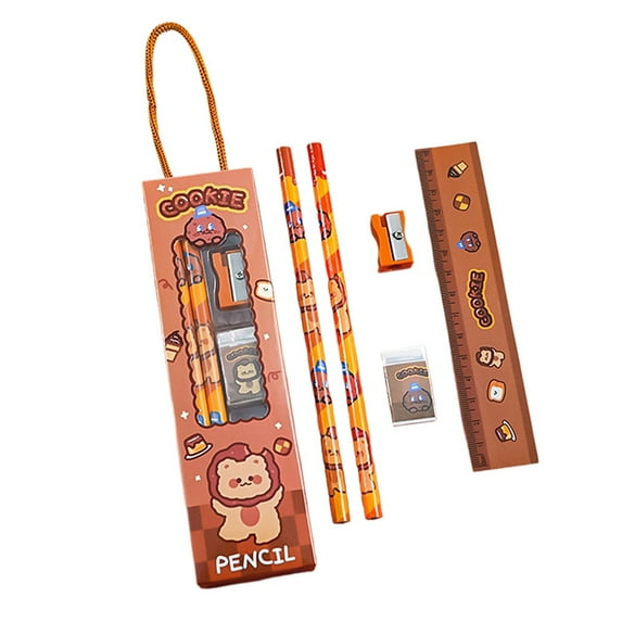 Clearance Under 5$ Cartoon Box Set of Five Chocolate Bears for the S-chool Season, Fdelink Pencil X2, Pencil Sharpener X1, 15Cm Ruler X1, Eraser X1