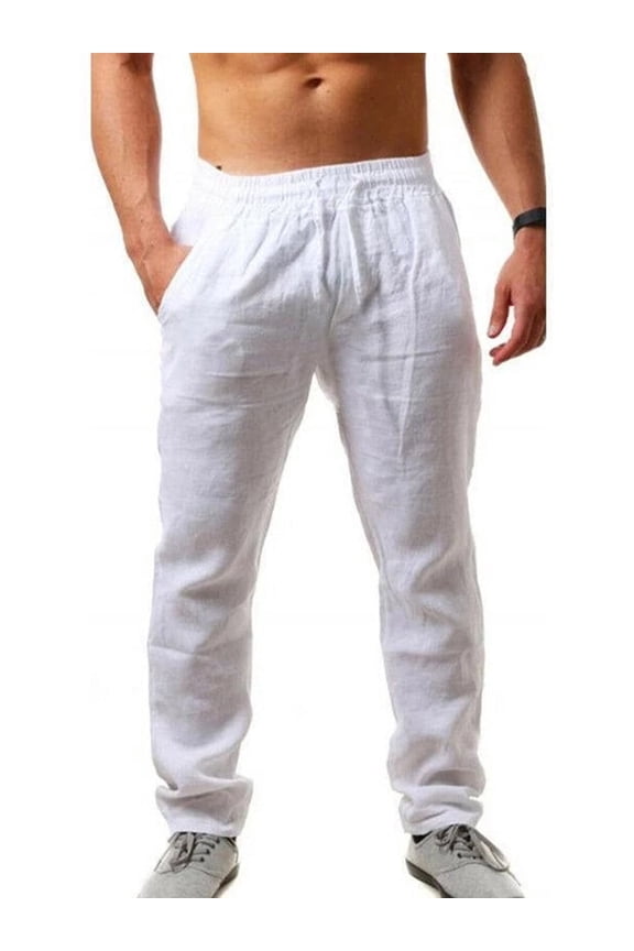 Elastic Solid Breathable Linen Loose Pants Painters Pants for Men White L